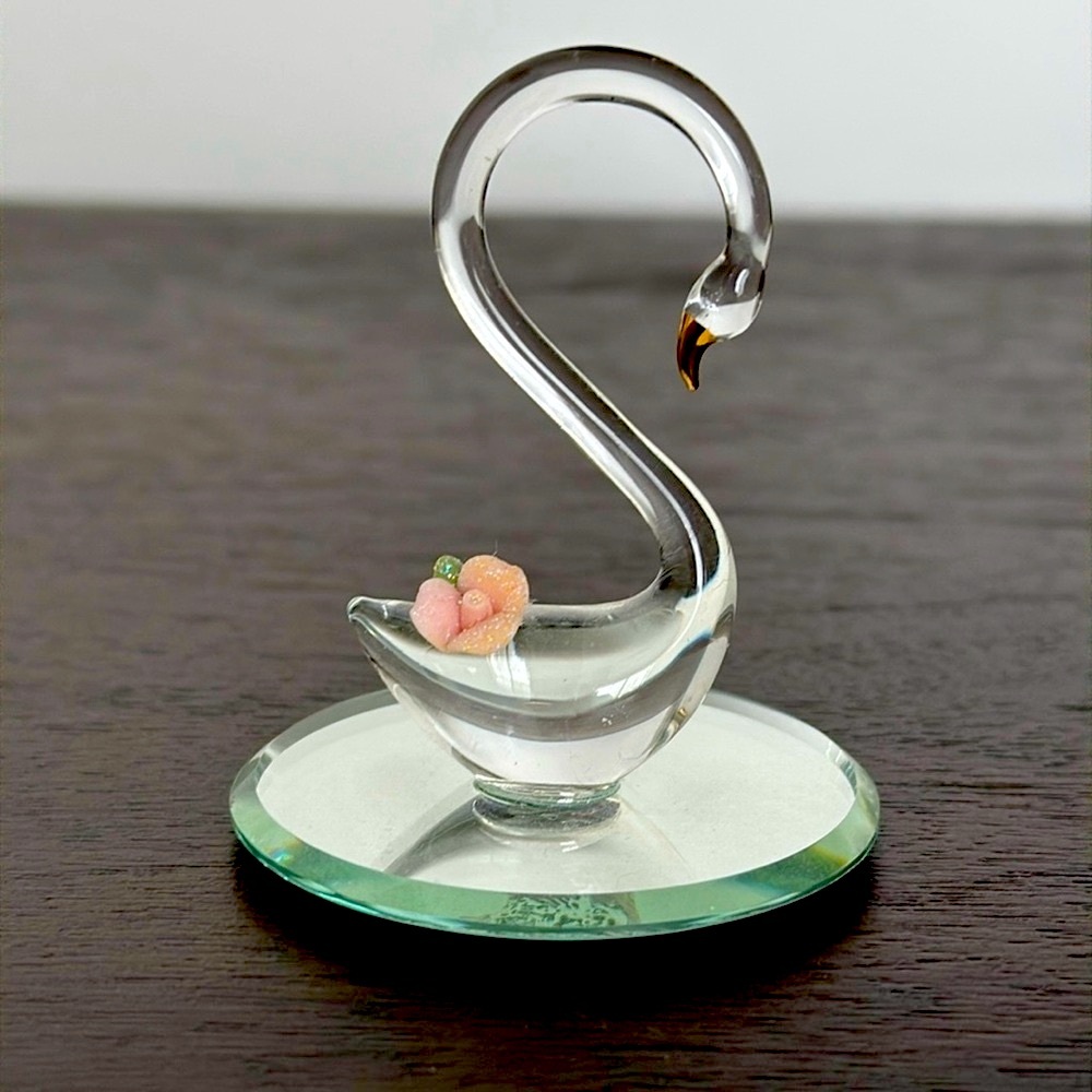 Vintage Glass Baron Swan Pink Rose Figurine G2 394-K Gold Beak 2.75"